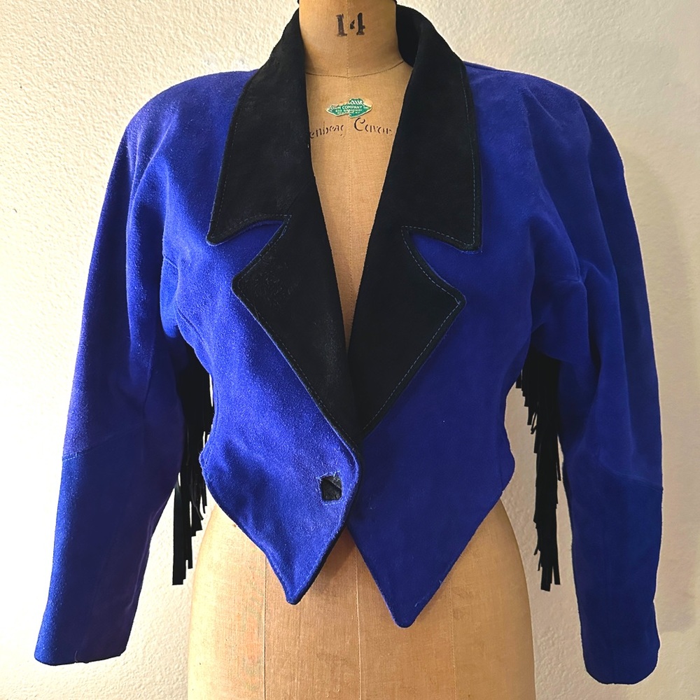 80s vintage cobalt purple cropped suede fringe jacket.